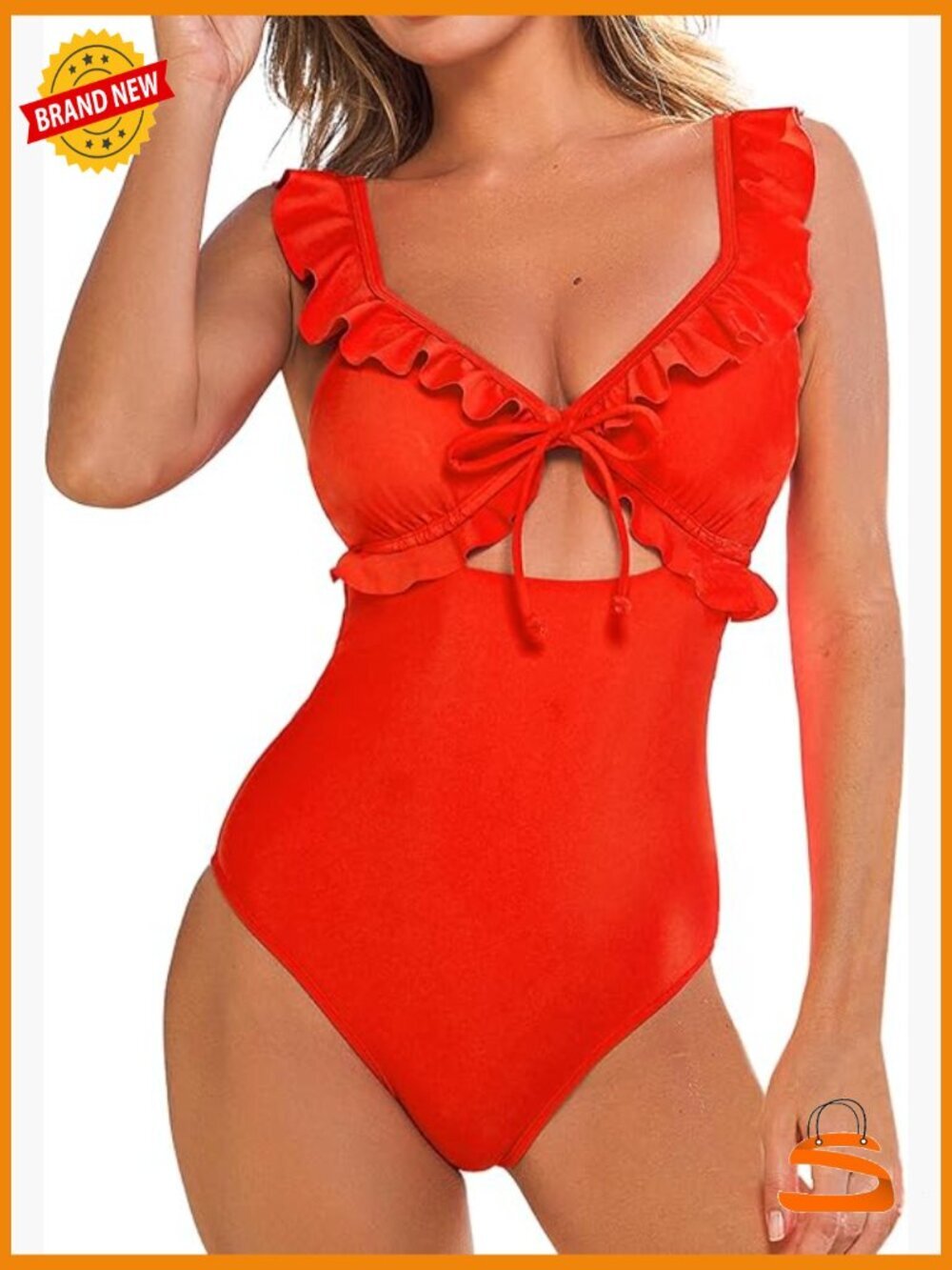 One Piece V Neck Cutout Ruffle Adjustable Straps Back Hook Swimsuit